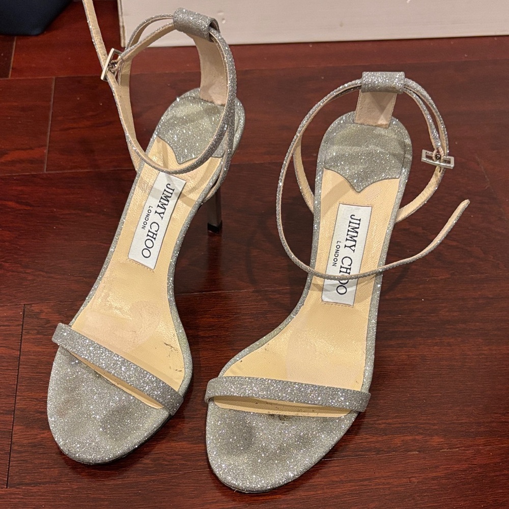 Jimmy Choo Minny 85 Sparkling Silver Heels